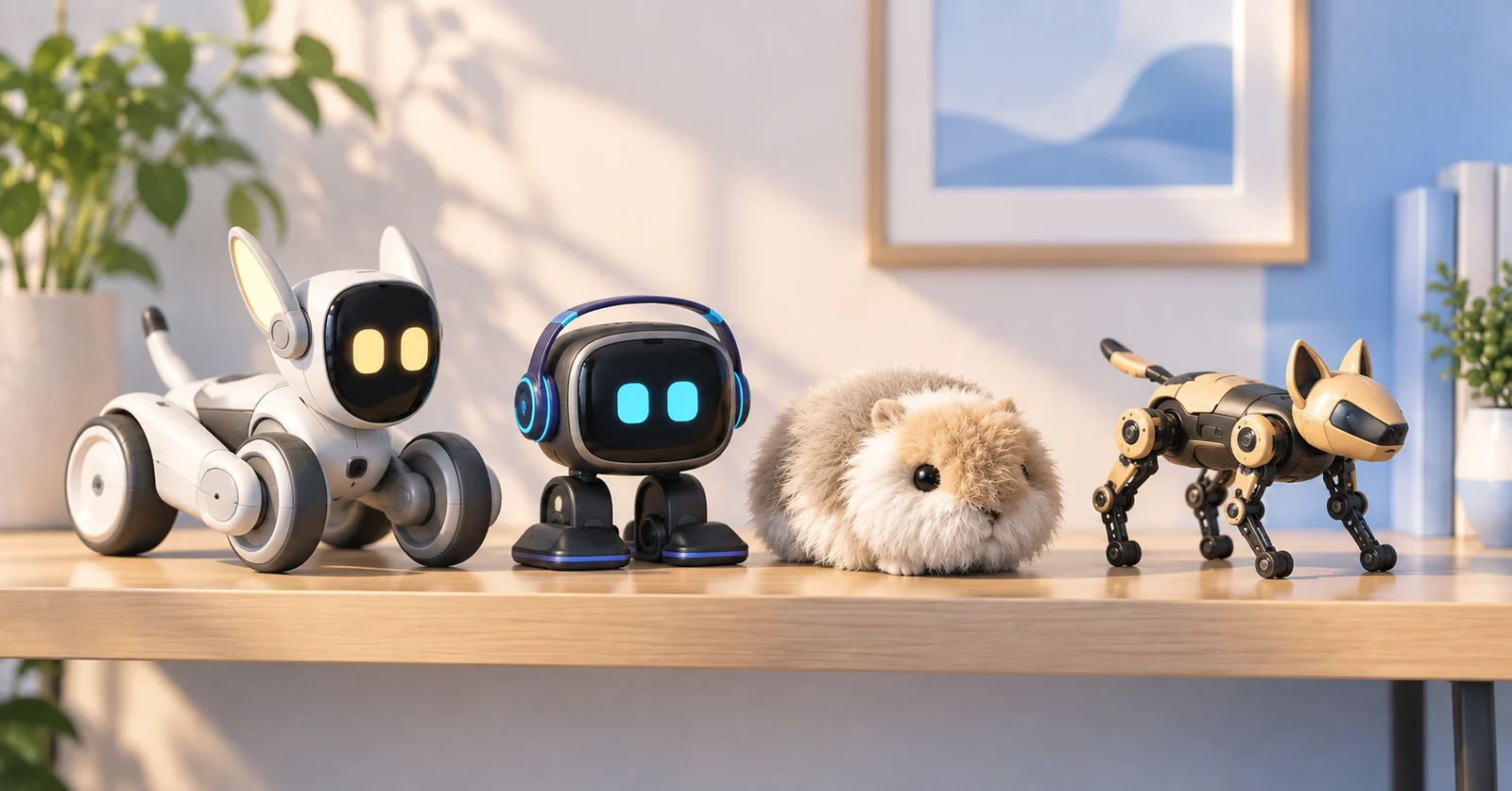 A shelf of robot pets in a sunlit room