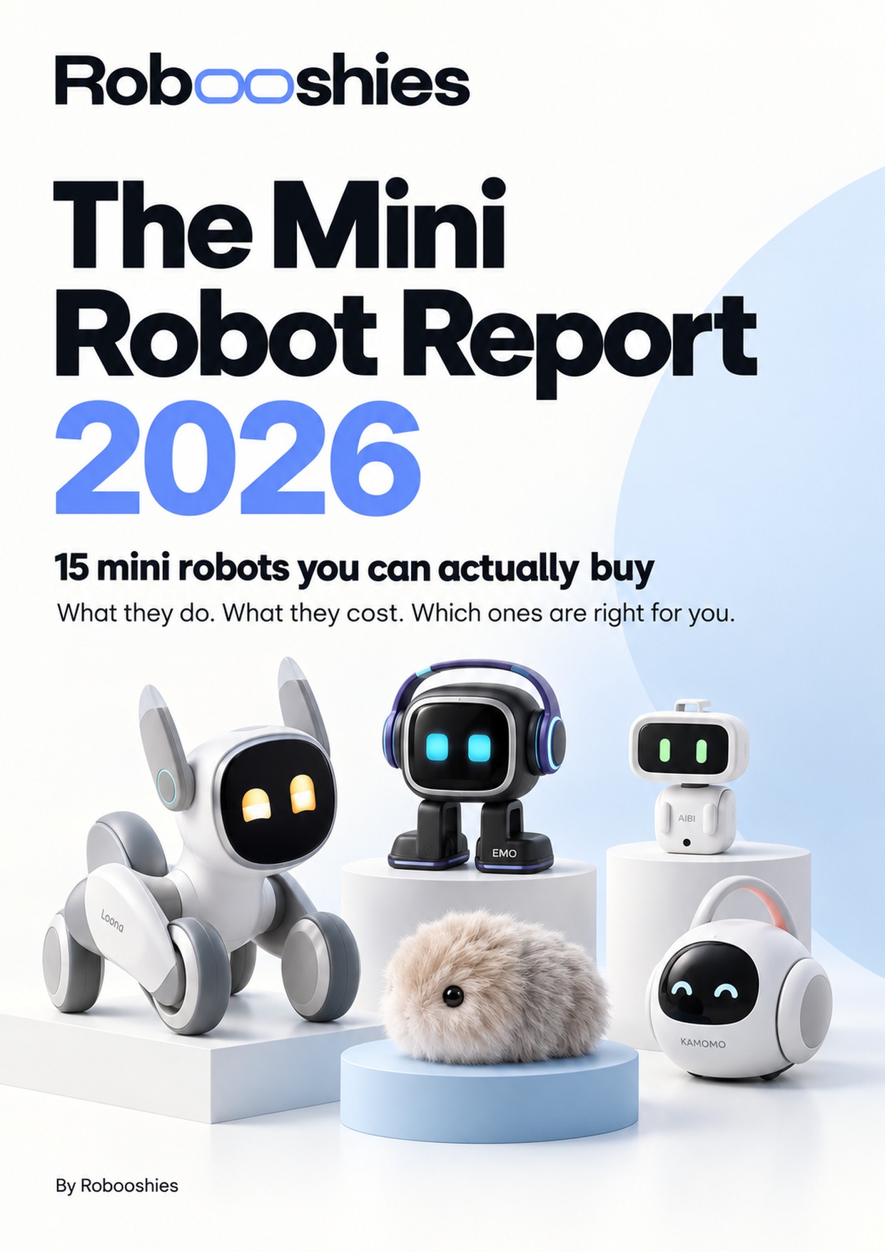 Cover of the Mini Robot Report 2026, with Loona, EMO, AIBI, Moflin and Kamomo